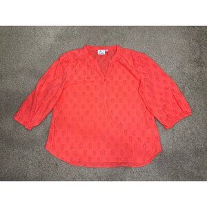 MIRA Orange Red Pineapple Eyelet Blouse Top VNeck Popover Spring Casual 2XL